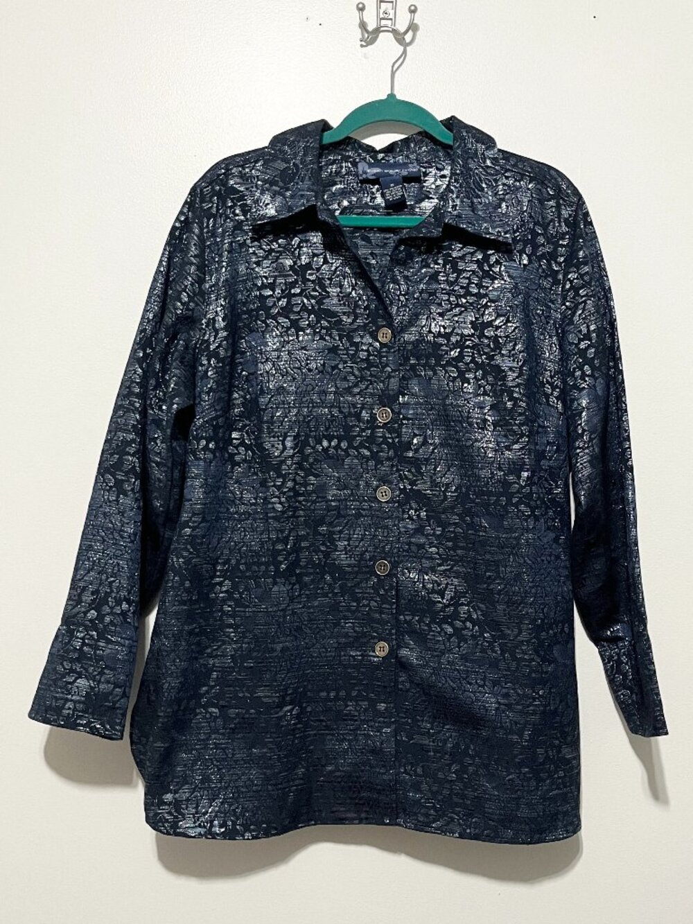 Susan Graver Womens Metallic Full Button Up Tunic 1X Dark Floral Artsy Studio